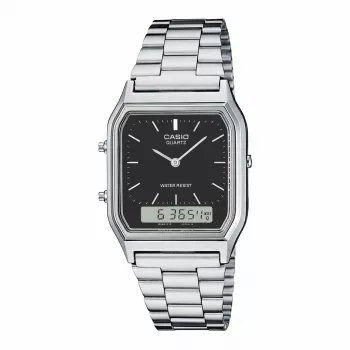 CASIO AQ-230A-1D Unisex analoginis-skaitmeninis laikrodis, 38,8 mm, sidabrinis nerūdijančio plieno dirželis, juodas ciferblatas