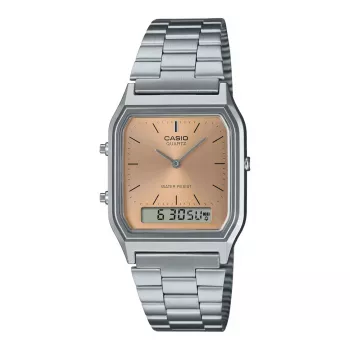 CASIO AQ-230A-4A Unisex analoginis-skaitmeninis laikrodis, 38,8 mm, sidabrinis korpusas, raudonas ciferblatas, nerūdijančio plieno juosta
