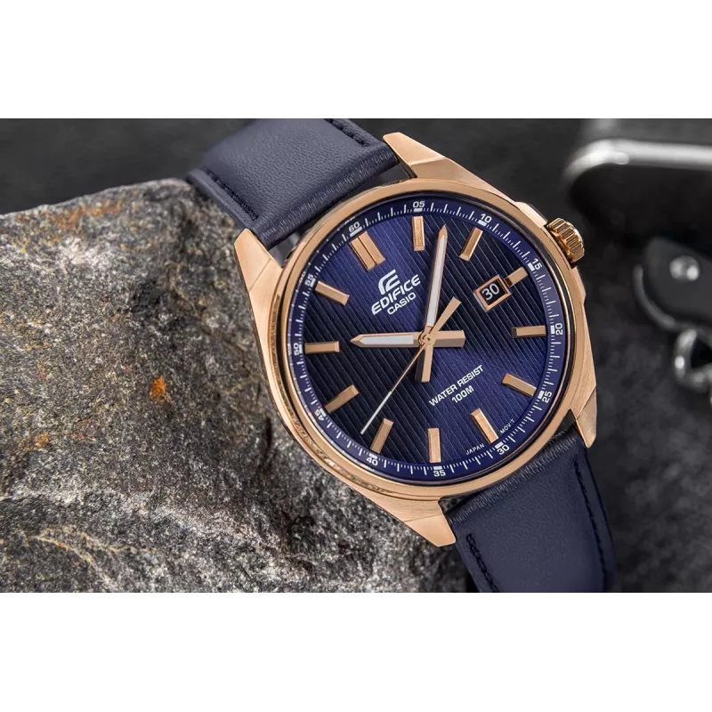 Casio Edifice EFV-150CL-2AVUEF vyriškas laikrodis su mėlynu ciferblatu ir rudu odiniu dirželiu