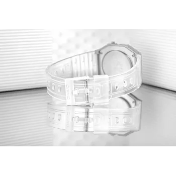 Casio F-91WS-7DF Skaitmeninis laikrodis – permatomas baltas dervos korpusas, unisex, kvarcinis, LED apšvietimas, atsparus vandeniui 3 ATM