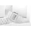Casio F-91WS-7DF Skaitmeninis laikrodis – permatomas baltas dervos korpusas, unisex, kvarcinis, LED apšvietimas, atsparus vandeniui 3 ATM