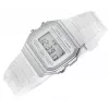 Casio F-91WS-7DF Skaitmeninis laikrodis – permatomas baltas dervos korpusas, unisex, kvarcinis, LED apšvietimas, atsparus vandeniui 3 ATM