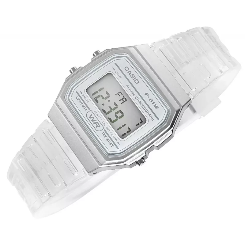 Casio F-91WS-7DF Skaitmeninis laikrodis – permatomas baltas dervos korpusas, unisex, kvarcinis, LED apšvietimas, atsparus vandeniui 3 ATM