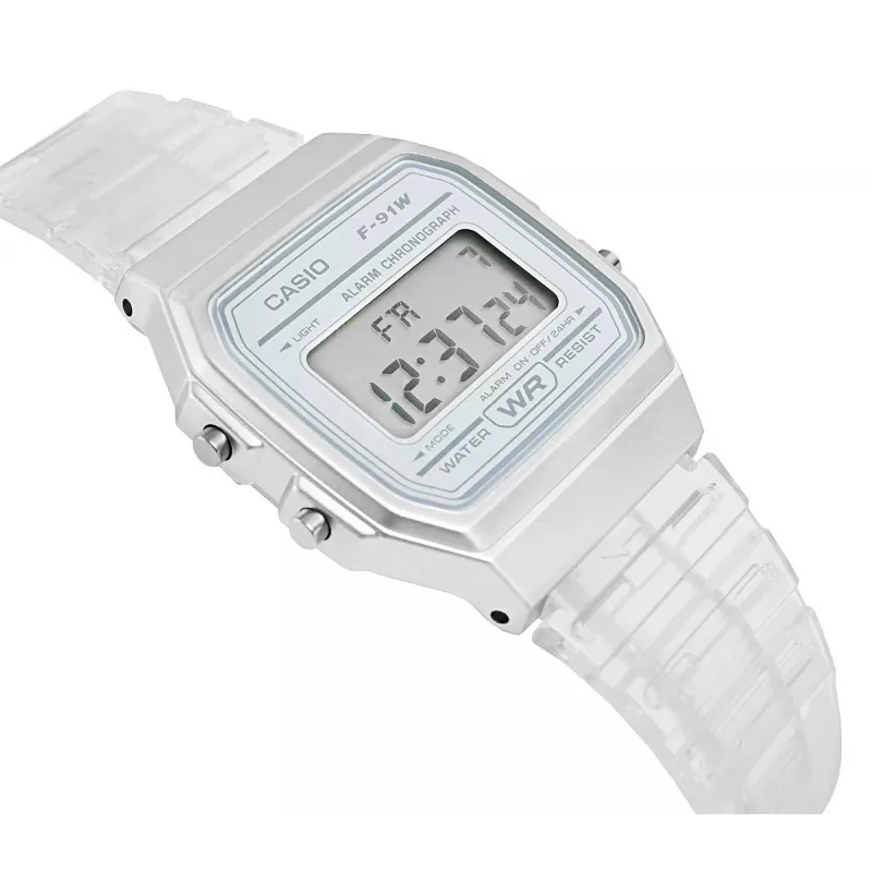 Casio F-91WS-7DF Skaitmeninis laikrodis – permatomas baltas dervos korpusas, unisex, kvarcinis, LED apšvietimas, atsparus vandeniui 3 ATM