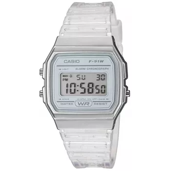 Casio F-91WS-7DF Skaitmeninis laikrodis – permatomas baltas dervos korpusas, unisex, kvarcinis, LED apšvietimas, atsparus vandeniui 3 ATM