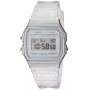 Casio F-91WS-7DF Skaitmeninis laikrodis – permatomas baltas dervos korpusas, unisex, kvarcinis, LED apšvietimas, atsparus vandeniui 3 ATM