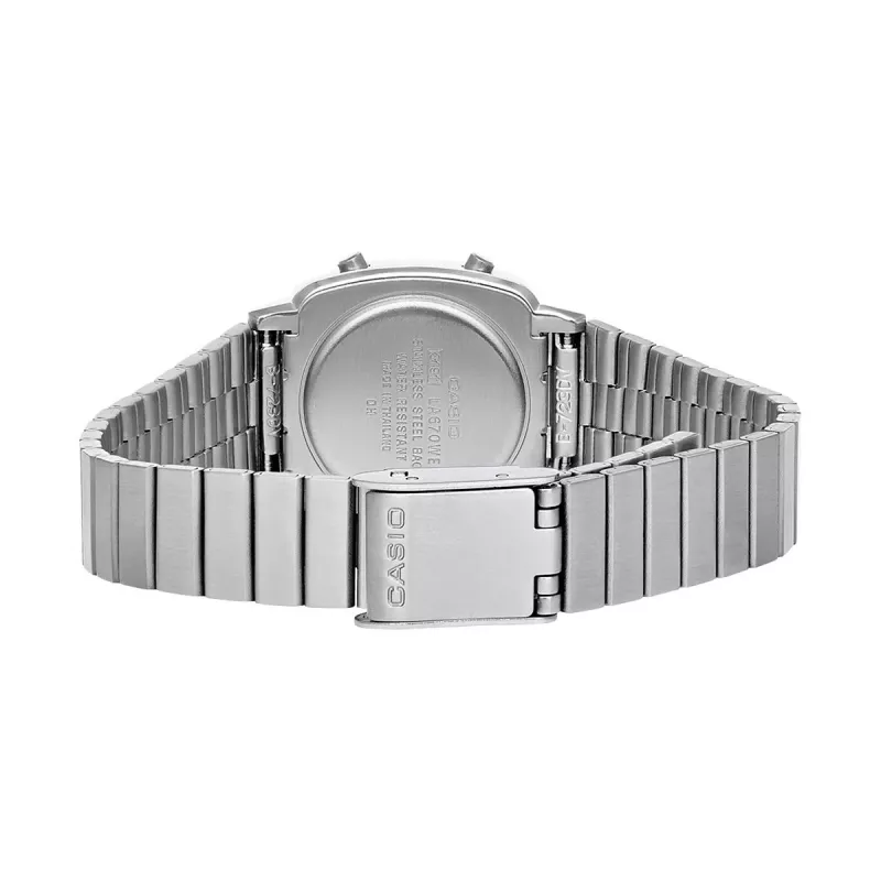 CASIO LA670WES-4AEF Moteriškas skaitmeninis laikrodis - Rožinio aukso ciferblatas, sidabrinis korpusas ir apyrankė, 24 mm