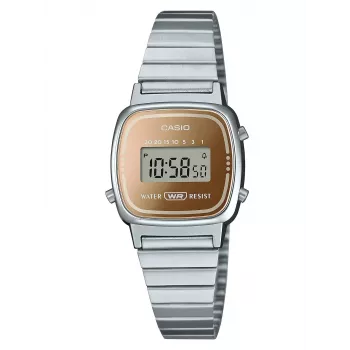 CASIO LA670WES-4AEF Moteriškas skaitmeninis laikrodis - Rožinio aukso ciferblatas, sidabrinis korpusas ir apyrankė, 24 mm