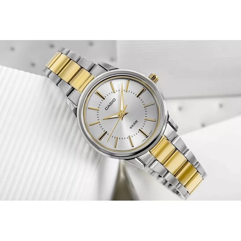 CASIO LTP-1303SG-7AVDF Moteriškas analoginis kvarcinis laikrodis su nerūdijančio plieno juosta ir datos rodymu