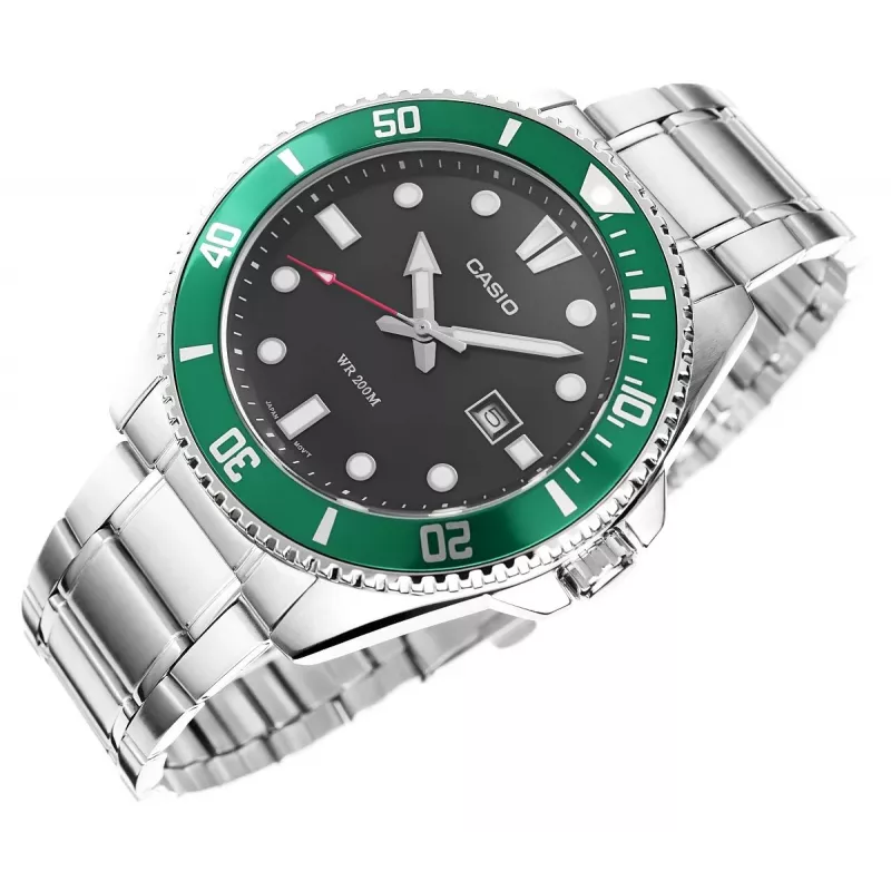 Casio MDV-107D-3AVEF Vyriškas analoginis kvarcinis laikrodis su žaliu ciferblatu ir nerūdijančio plieno apyranke, 200 m atsparumas vandeniui