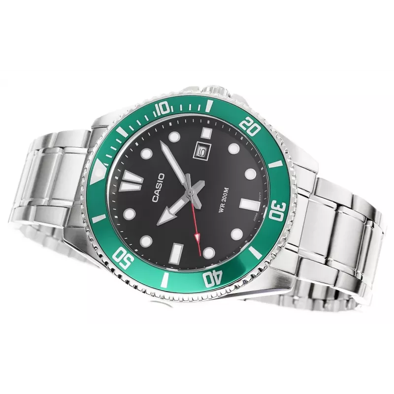 Casio MDV-107D-3AVEF Vyriškas analoginis kvarcinis laikrodis su žaliu ciferblatu ir nerūdijančio plieno apyranke, 200 m atsparumas vandeniui