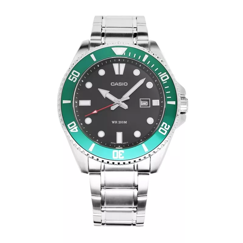 Casio MDV-107D-3AVEF Vyriškas analoginis kvarcinis laikrodis su žaliu ciferblatu ir nerūdijančio plieno apyranke, 200 m atsparumas vandeniui