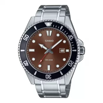 CASIO MDV107D5AVDF Vyriškas analoginis kvarcinis laikrodis, 42 mm, rudas ciferblatas, sidabrinė nerūdijančio plieno juosta
