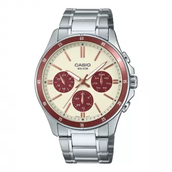 Casio vyriškas MTP1374D5A2VD analoginis nerūdijančio plieno laikrodis su rudu ciferblatu ir datos/dienos rodymu