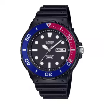 CASIO MRW-230H-1E2 Vyriškas analoginis kvarcinis laikrodis su dervos dirželiu, 47,9 mm korpusas, juodas ciferblatas, 100 m atsparumas vandeniui