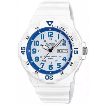 CASIO MRW200HC7B2VD Vyrų analoginis kvarcinis laikrodis su datos ir savaitės dienos rodymu, 100 m atsparumas vandeniui, dirželis iš dervos, baltas ciferblatas, mėlynas/raudonas apvadas