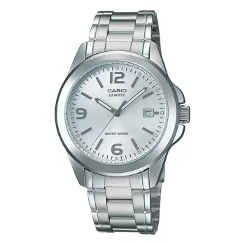 Casio MTP-1215A-7A Vyriškas analoginis kvarcinis laikrodis su nerūdijančio plieno juosta, sidabriniu ciferblatu, 38,4 mm korpusu, datos ir savaitės dienos rodymu, 50 m atsparumu vandeniui