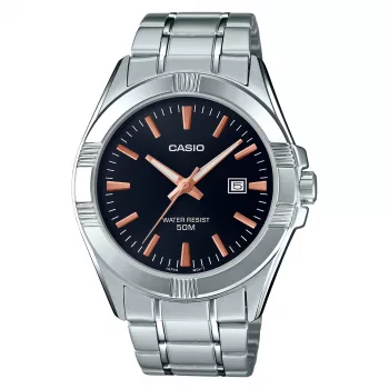 CASIO MTP-1308D-1A2 Vyriškas analoginis kvarcinis laikrodis, 48,9 mm, juodas ciferblatas, sidabrinė nerūdijančio plieno juosta