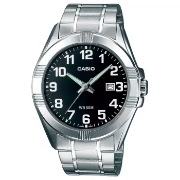 CASIO MTP-1308D-1B Vyriškas analoginis kvarcinis laikrodis, nerūdijantis plienas, 43,5 mm, juodas ciferblatas, datos rodymas