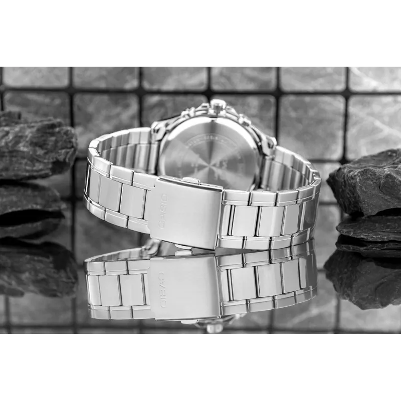 Casio MTP-1374D-2A3 Vyriškas analoginis kvarcinis laikrodis su nerūdijančio plieno juosta, mėlynu ciferblatu, dienos datos rodymu, 50 m atsparumu vandeniui