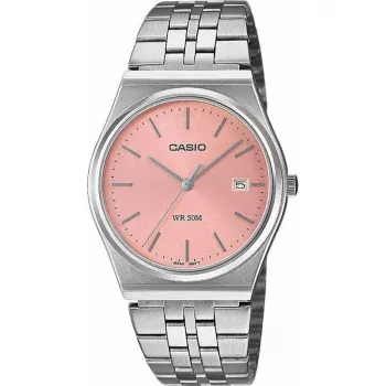 Casio MTP-B145D-4AVEF vyriškas analoginis kvarcinis laikrodis su nerūdijančio plieno juosta, lašišos rožinės spalvos ciferblatu, sidabriniu korpusu, 50 m atsparumu vandeniui