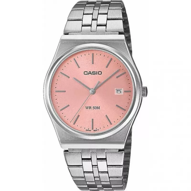 Casio MTP-B145D-4AVEF vyriškas analoginis kvarcinis laikrodis su nerūdijančio plieno juosta, lašišos rožinės spalvos ciferblatu, sidabriniu korpusu, 50 m atsparumu vandeniui