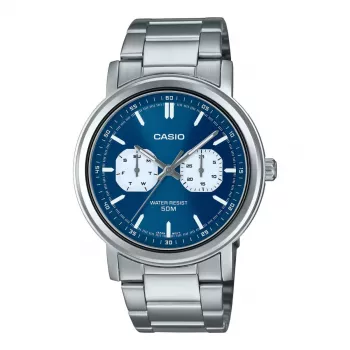 CASIO MTP-E335D-2E1VD Vyrų analoginis kvarcinis laikrodis, mėlynas ciferblatas, nerūdijančio plieno apyrankė, 47,6 mm