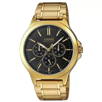 CASIO MTP-V300G-1AUDF Vyrų analoginis kvarcinis laikrodis, 47mm, auksinės spalvos jonais padengtas nerūdijančio plieno korpusas, juodas ciferblatas, diena-data