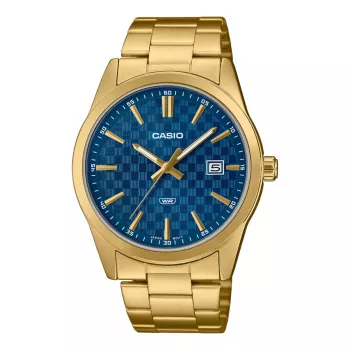 CASIO MTPVD03G2AUDF Vyriškas analoginis kvarcinis laikrodis, 45mm nerūdijančio plieno korpusas, mėlynas ciferblatas, auksinė apyrankė, 50m atsparumas vandeniui