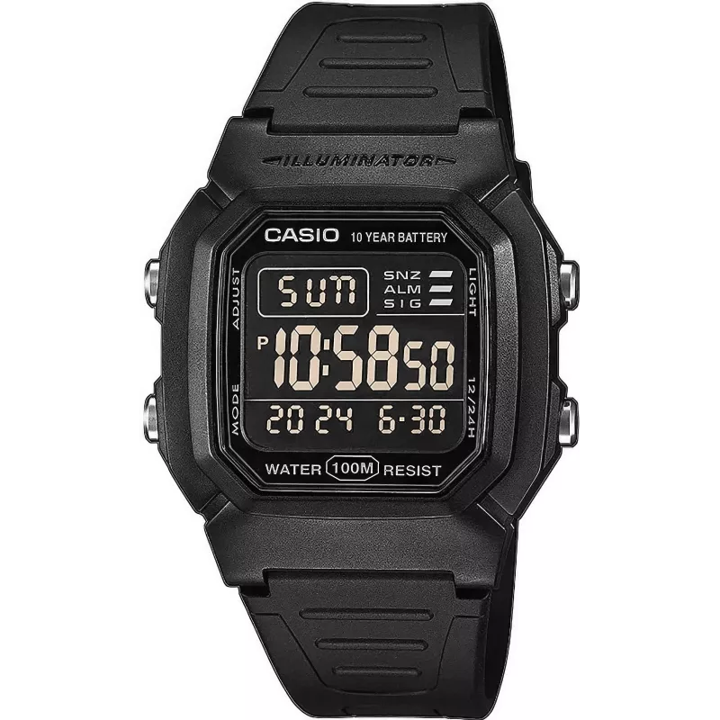 Casio W-800H-1BVES vyriškas skaitmeninis laikrodis - 100m atsparus vandeniui, kvarcinis mechanizmas