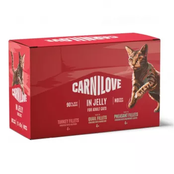 CAV CARNILOVE Kačių maisto paketėlis želė Multipack 12x85g šlapias kačių maistas, be grūdų, suaugusiems, mišrūs skoniai