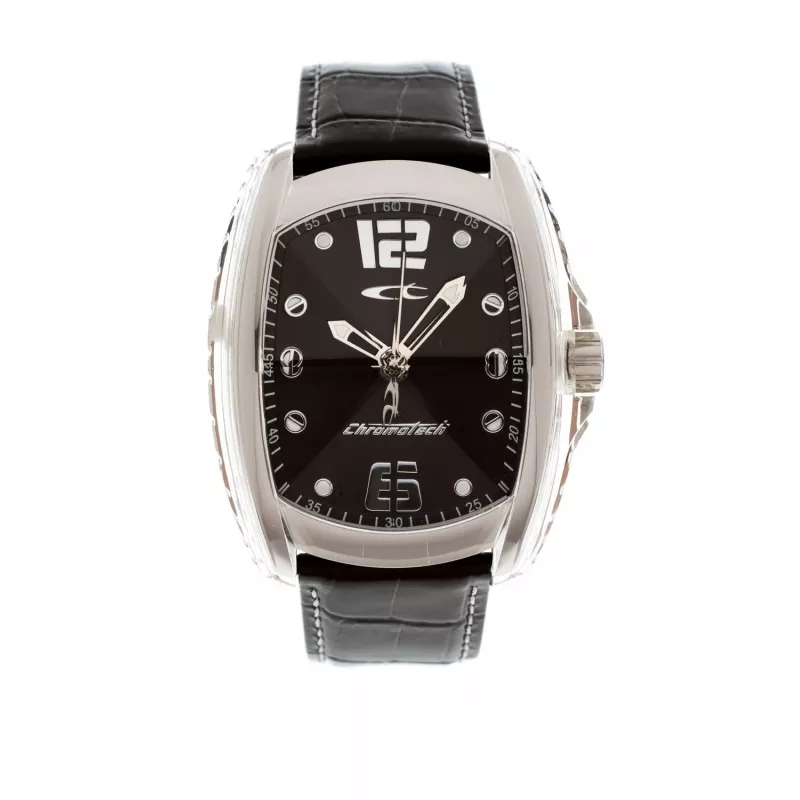CHRONOTECH Men's RW0007 Analog Quartz Watch 40mm Stainless Steel Black Dial Leather Strap