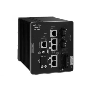 Cisco ISA 3000 pramoninis saugos įrenginys su 2 variniais ir 2 šviesolaidiniais prievadais, 1 Gbps ugniasienės pralaidumas, montuojamas ant DIN bėgio