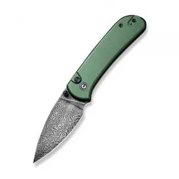 CIVIVI Qubit Damascus Aluminum Green sulankstomas peilis, Wharncliffe ašmenys, mygtuko užraktas, 2.98 colių Damascus plienas, žalia aliuminio rankena, EDC kišeninis peilis, sukūrė Justin Lundquist