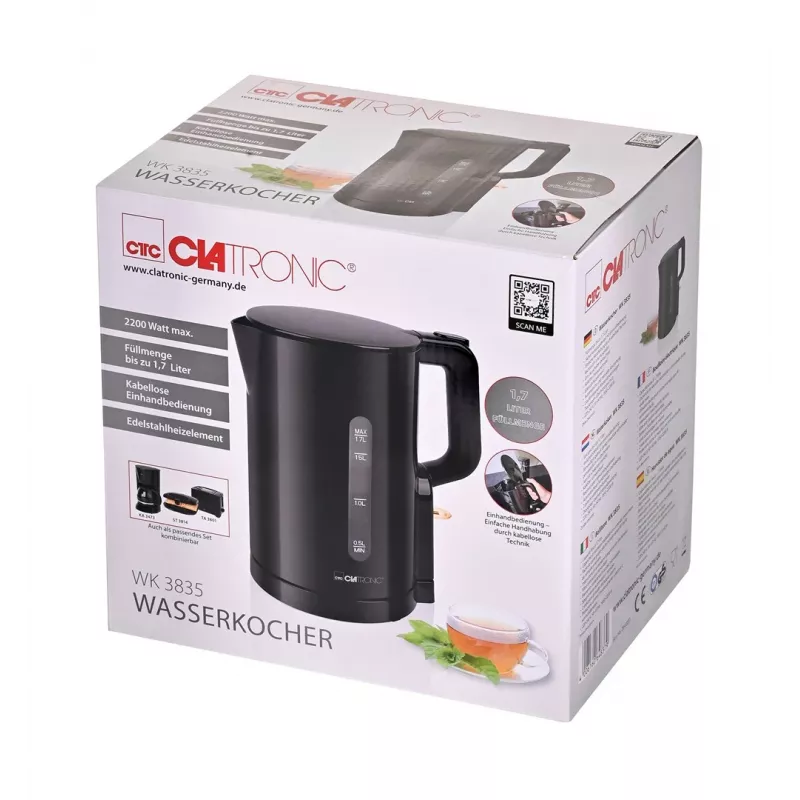 Clatronic WK 3835 Belaidis elektrinis virdulys 1,7 l 2200 W juodos spalvos plastikas