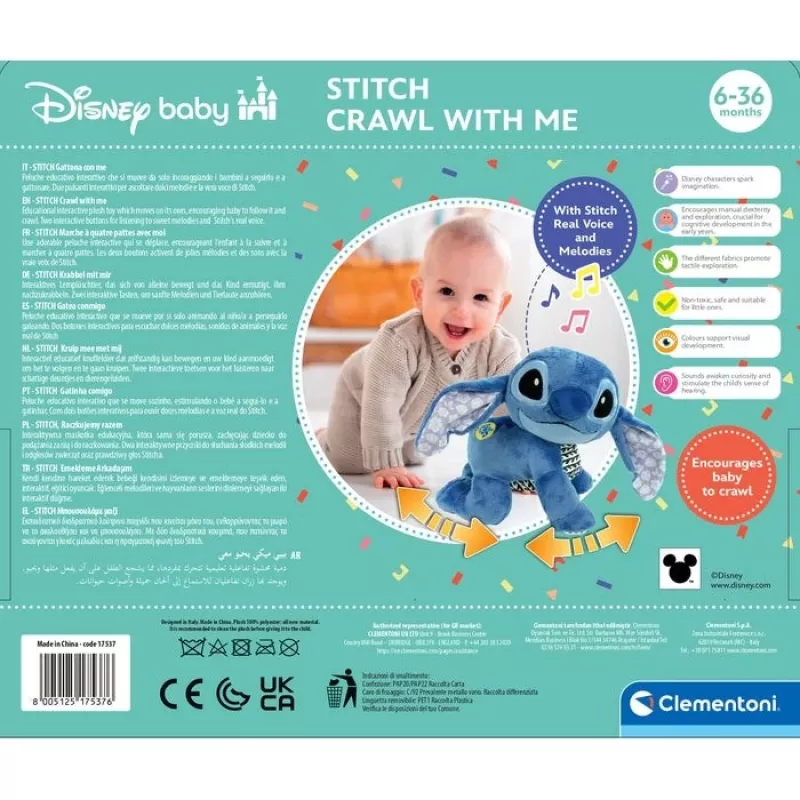 Clementoni Disney Baby Stitch We Crawl Together pliušinis žaislas, mėlynas, 25 cm, nuo gimimo