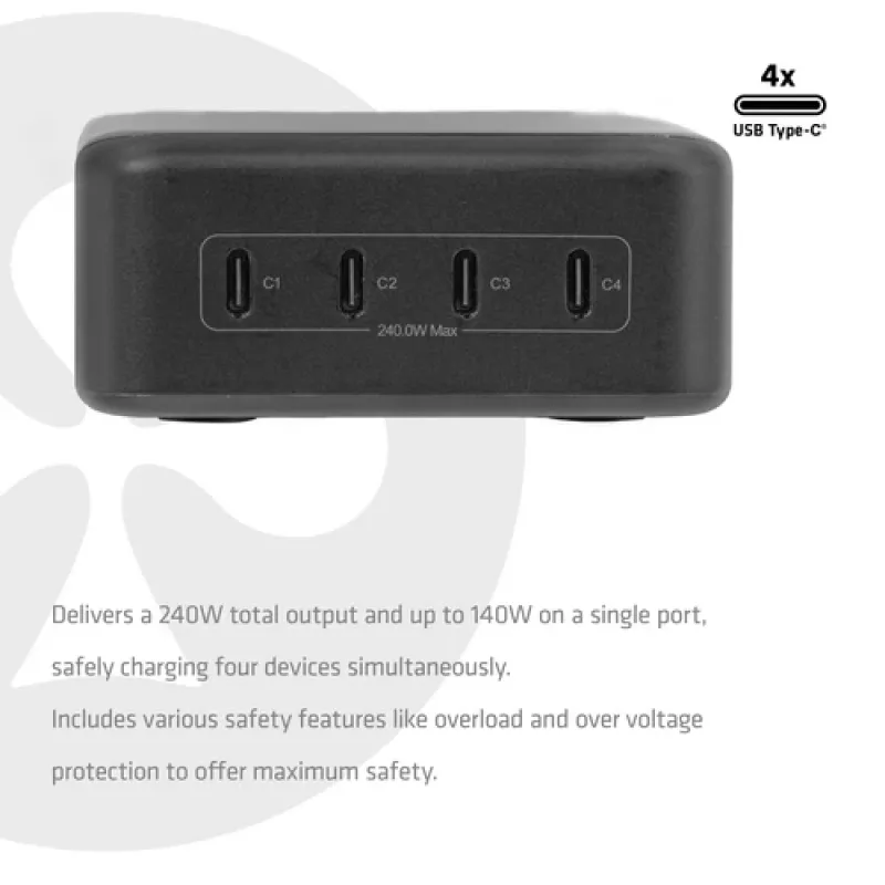 CLUB 3D CAC-1933 4 prievadų USB-C įkrovimo stotelė, 240W GaN PD 3.1, PPS, LED ekranas