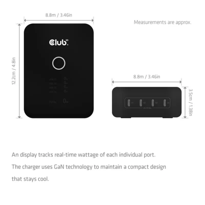 CLUB 3D CAC-1933 4 prievadų USB-C įkrovimo stotelė, 240W GaN PD 3.1, PPS, LED ekranas