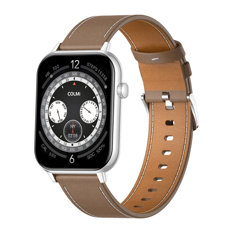 COLMI C28 Smartwatch – Sidabrinis + Ruda odinė juosta