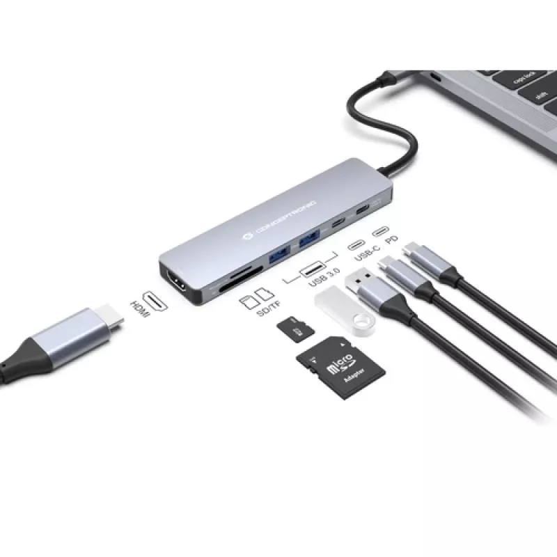 CONCEPTRONIC 7-in-1 USB-C Dockavimo stotis su HDMI, USB-C PD, 2x USB-A, SD & MicroSD kortelių skaitytuvais, 25 cm kabeliu, Space Grey