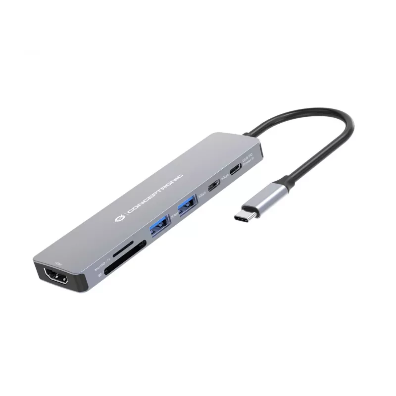 CONCEPTRONIC 7-in-1 USB-C Dockavimo stotis su HDMI, USB-C PD, 2x USB-A, SD & MicroSD kortelių skaitytuvais, 25 cm kabeliu, Space Grey