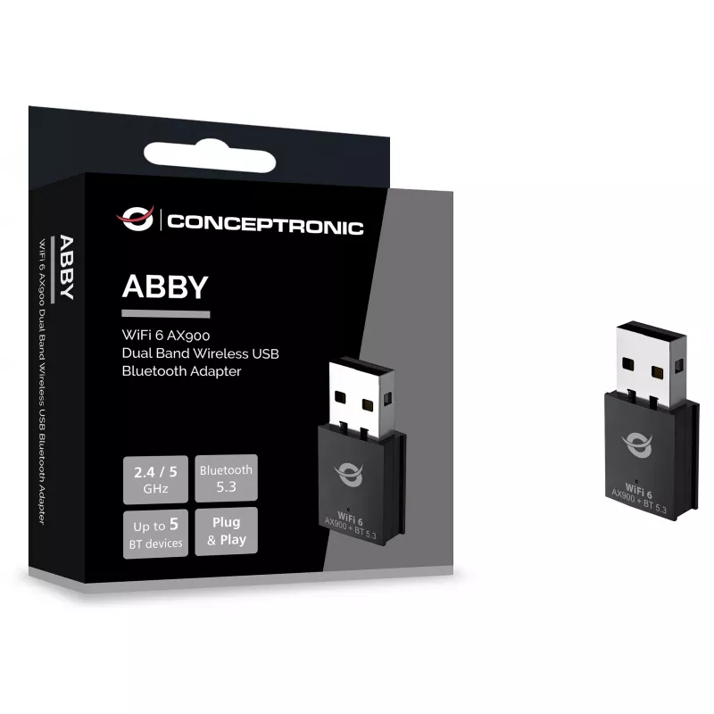 Conceptronic ABBY26B WiFi 6 AX900 Dviejų Juostų USB & Bluetooth 5.3 Adapteris