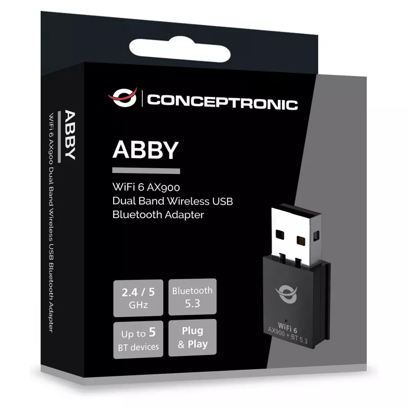Conceptronic ABBY26B WiFi 6 AX900 Dviejų Juostų USB & Bluetooth 5.3 Adapteris