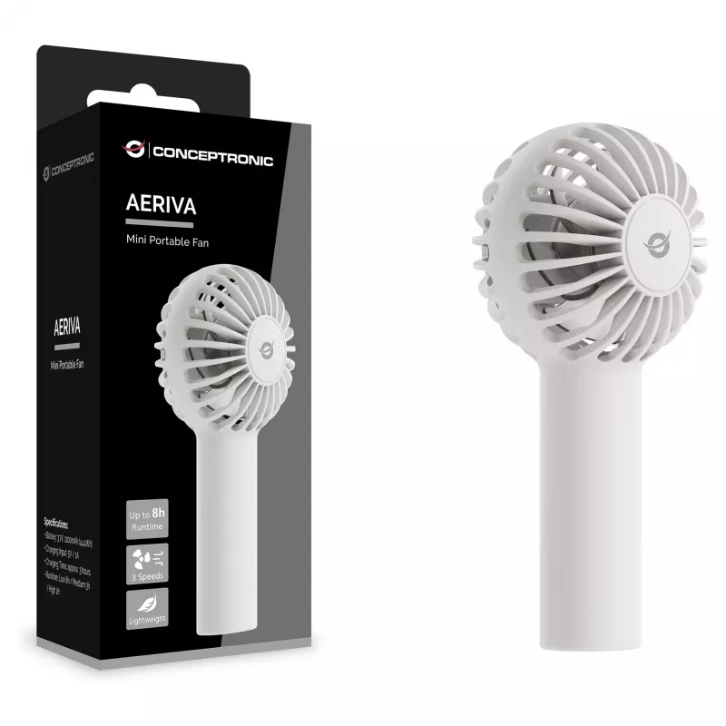 CONCEPTRONIC AERIVA01W Mini nešiojamasis ventiliatorius baltas – įkraunamas, 3 greičiai, USB-C