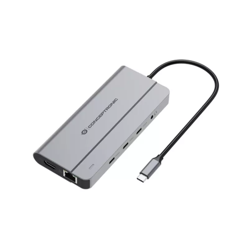 Conceptronic DONN34G 10-in-1 USB 3.2 Gen 2 MST dokavimo stotelė, 4K60Hz HDMI, 8K30Hz DisplayPort, GbE, USB-C 10Gbps x 3, USB-A 480Mbps x 2, Audio, 100W USB PD