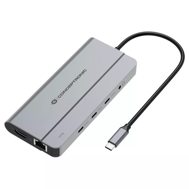 Conceptronic DONN34G 10-in-1 USB 3.2 Gen 2 MST dokavimo stotelė, 4K60Hz HDMI, 8K30Hz DisplayPort, GbE, USB-C 10Gbps x 3, USB-A 480Mbps x 2, Audio, 100W USB PD
