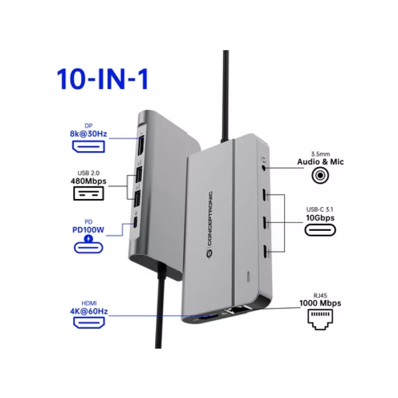 Conceptronic DONN34G 10-in-1 USB 3.2 Gen 2 MST dokavimo stotelė, 4K60Hz HDMI, 8K30Hz DisplayPort, GbE, USB-C 10Gbps x 3, USB-A 480Mbps x 2, Audio, 100W USB PD