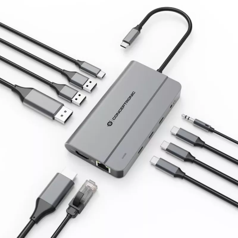 Conceptronic DONN34G 10-in-1 USB 3.2 Gen 2 MST dokavimo stotelė, 4K60Hz HDMI, 8K30Hz DisplayPort, GbE, USB-C 10Gbps x 3, USB-A 480Mbps x 2, Audio, 100W USB PD