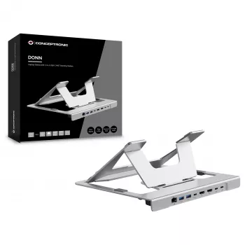Conceptronic DONN35S Laptop Stand su 7-in-1 USB-C dokavimo stotele, Dual HDMI 4K60Hz, GbE, USB-C 5Gbps, 2x USB-A, 100W PD, sidabrinis