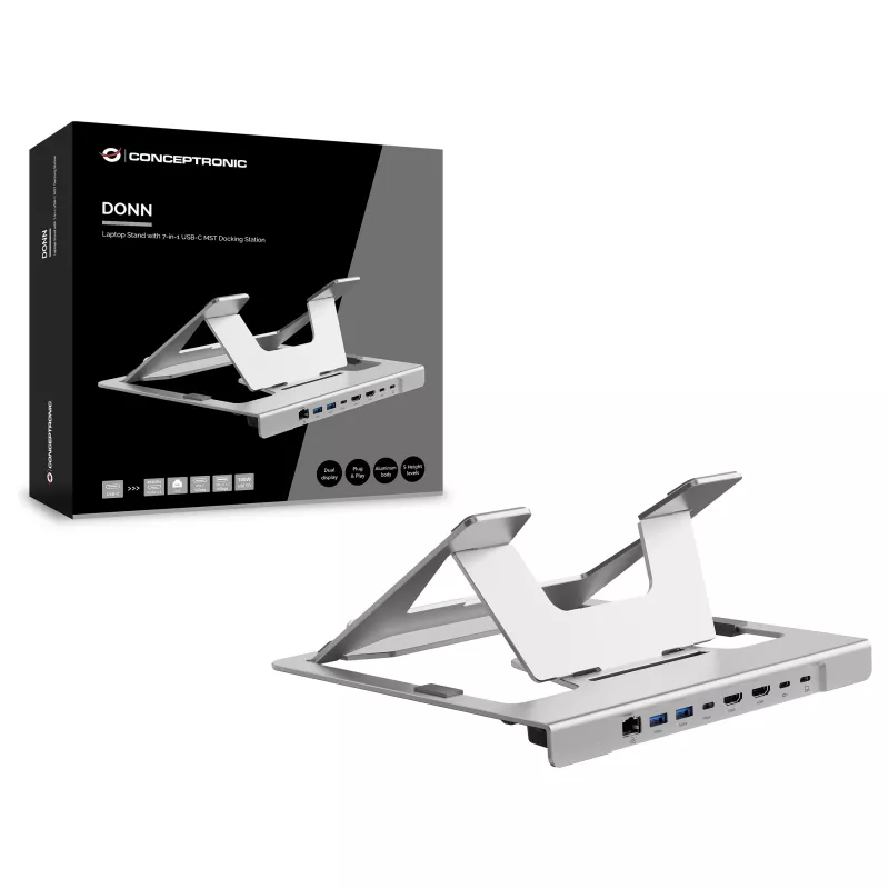 Conceptronic DONN35S Laptop Stand su 7-in-1 USB-C dokavimo stotele, Dual HDMI 4K60Hz, GbE, USB-C 5Gbps, 2x USB-A, 100W PD, sidabrinis